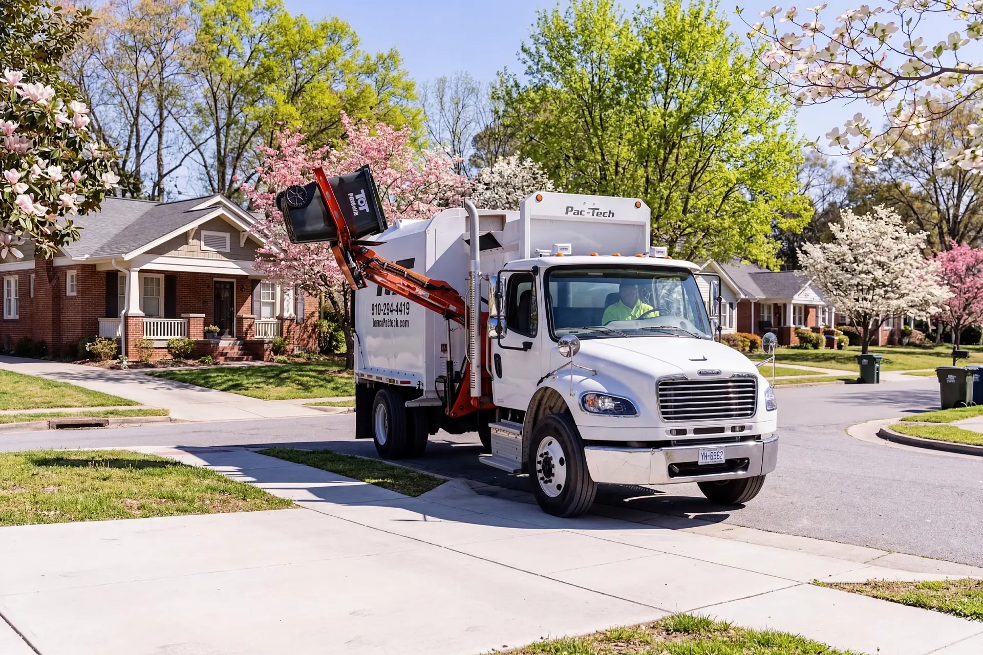 Tons of Trash automated side loader truck picking up a residential trash bin in eastern North Carolina